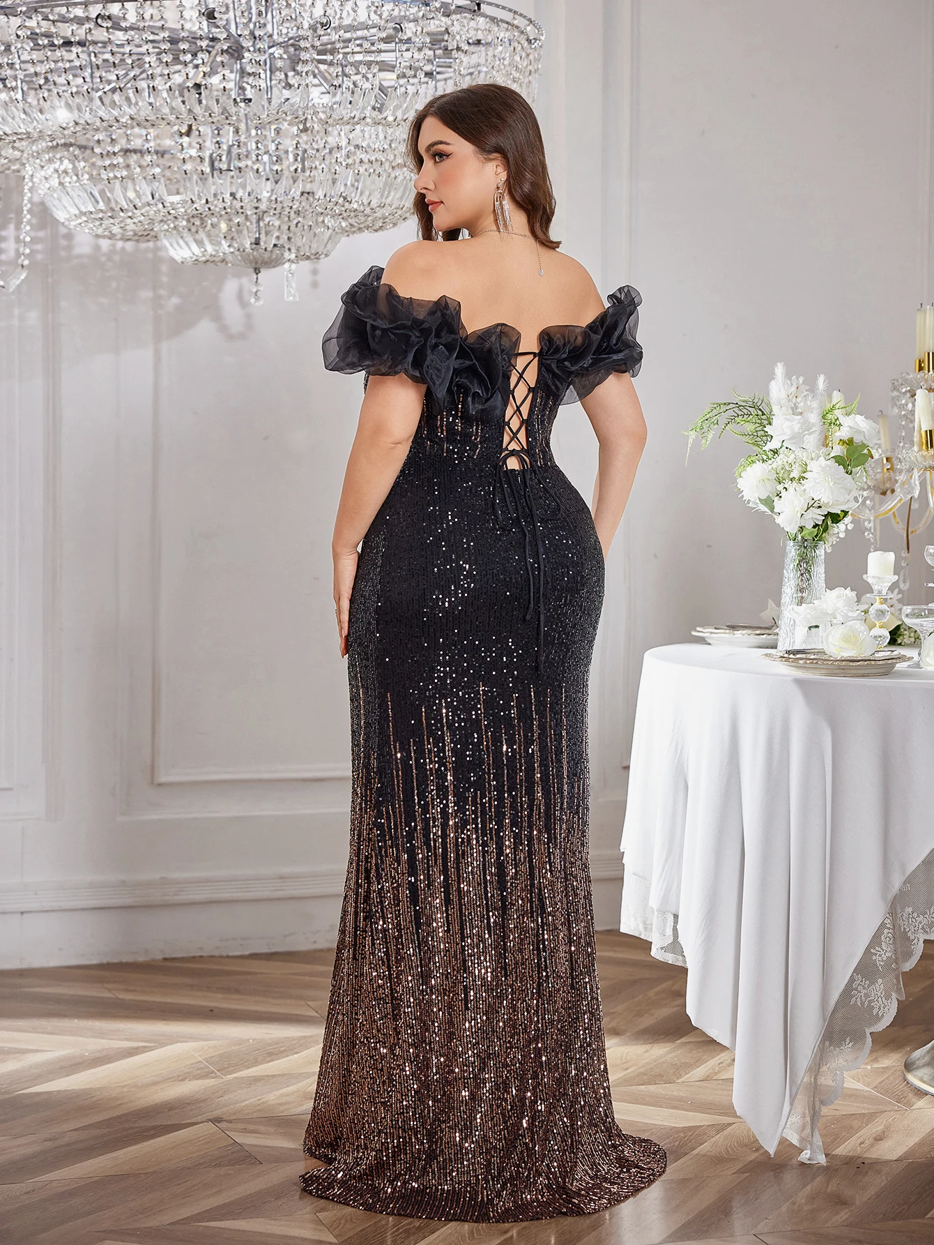 فستان سهرة كتف واحد ترتر متدرج