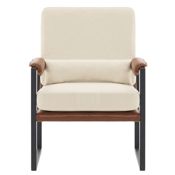 Single Iron Frame Chair Soft Cover Beige Brown Honeycomb Leather Armrest Frame Indoor Leisure Chair 1
