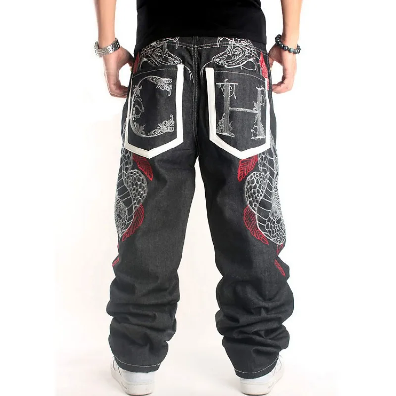 Men's Cool Hip Hop Jeans Trendy Embroidery Loose Fit for Skateboarders Y2k Plus Size Streetwear Black Wide Leg