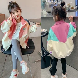 Colorblocking Thin Trench Coats Spring Girls Fashion Jackets Autumn Children Hooded Zipper Outerwear New Casual Clothes 2-10 Y