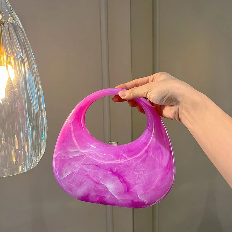 

Vintage Designer Acrylic Crescent Box Evening Bag Dinner Party Clutch Purse Marble Amber Half Moon Box Bag Women's Handbag