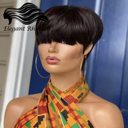 Short Pixie Cut Remy Human Hair Wigs for Black Women Natural Color Non Lace Front Glueless Layered Straight Pixie Wig with Bangs
