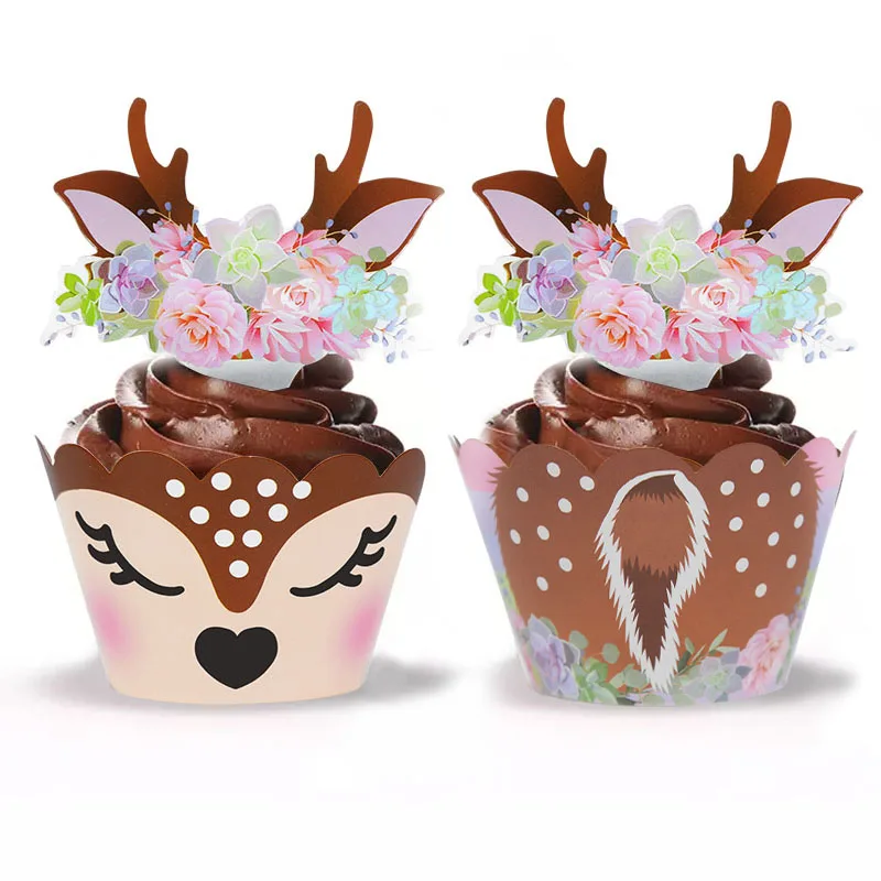 

12/24Pcs Christmas Sika Deer Cupcake Wrapper Cake Topper Merry Christmas Decorations New Year Birthday Party Supplies
