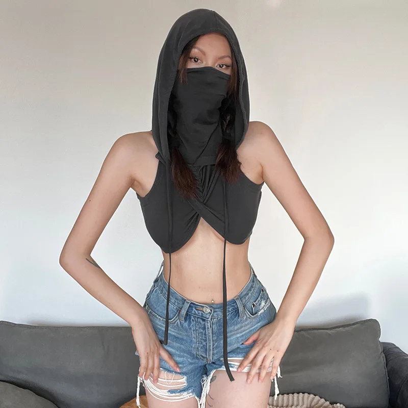 Nibber Sommer Reise Cool Sexy Einfache All-Match Grau Geheimnisvolle Mode Persönlichkeit High Cross Street Casual Frauen Mit Kapuze Weste
