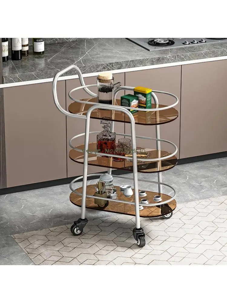 Mobile dining car Nordic hotel commercial restaurant wine tea car home golden three-layer glass light luxury trolley