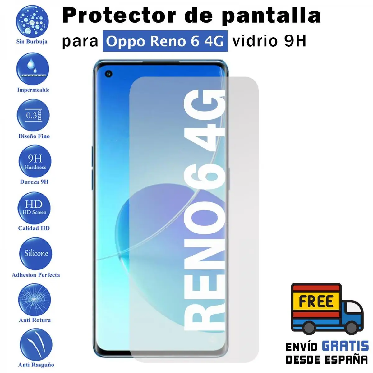 Oppo Reno 6 4G Tempered Glass Screen Protector 9H For Movil - Todotumovil