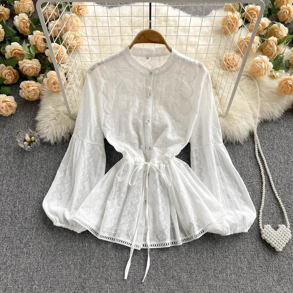 

2022 Long Sleeved Shirt Women's Spring and Autumn New Fashion Age Reducing Sweet Top Waist Closing Blouse Design Shirt