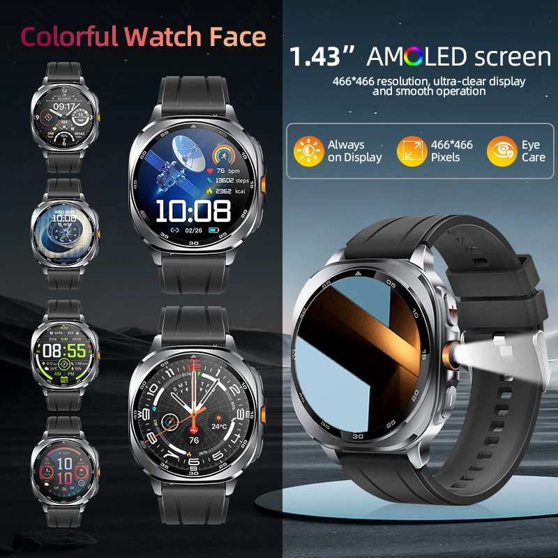 LIGE Military Sport GPS Smartwatch Men AMOLED Flashlight Health Monitoring Waterproof Heart Rate BT Call Man Smart Watch Android