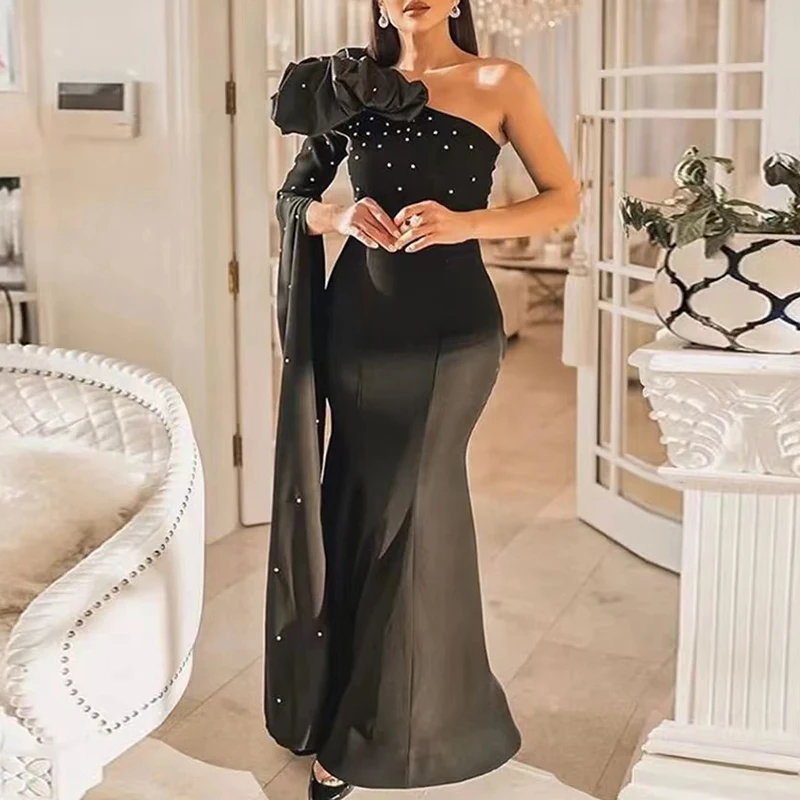 

Black Beads Long Evening Dresses for Women One-Shoulder Floor-Length Mermaid Prom Party Special Event Wedding Guest 2023 New