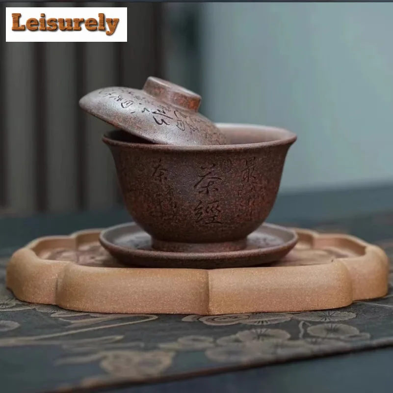 150ml Authentic Yixing Purple Clay Cover Bowl Master Handmade Engrave Gaiwan Raw Ore Dragon Bone Gold Sand Tea Tureen Wood-fired