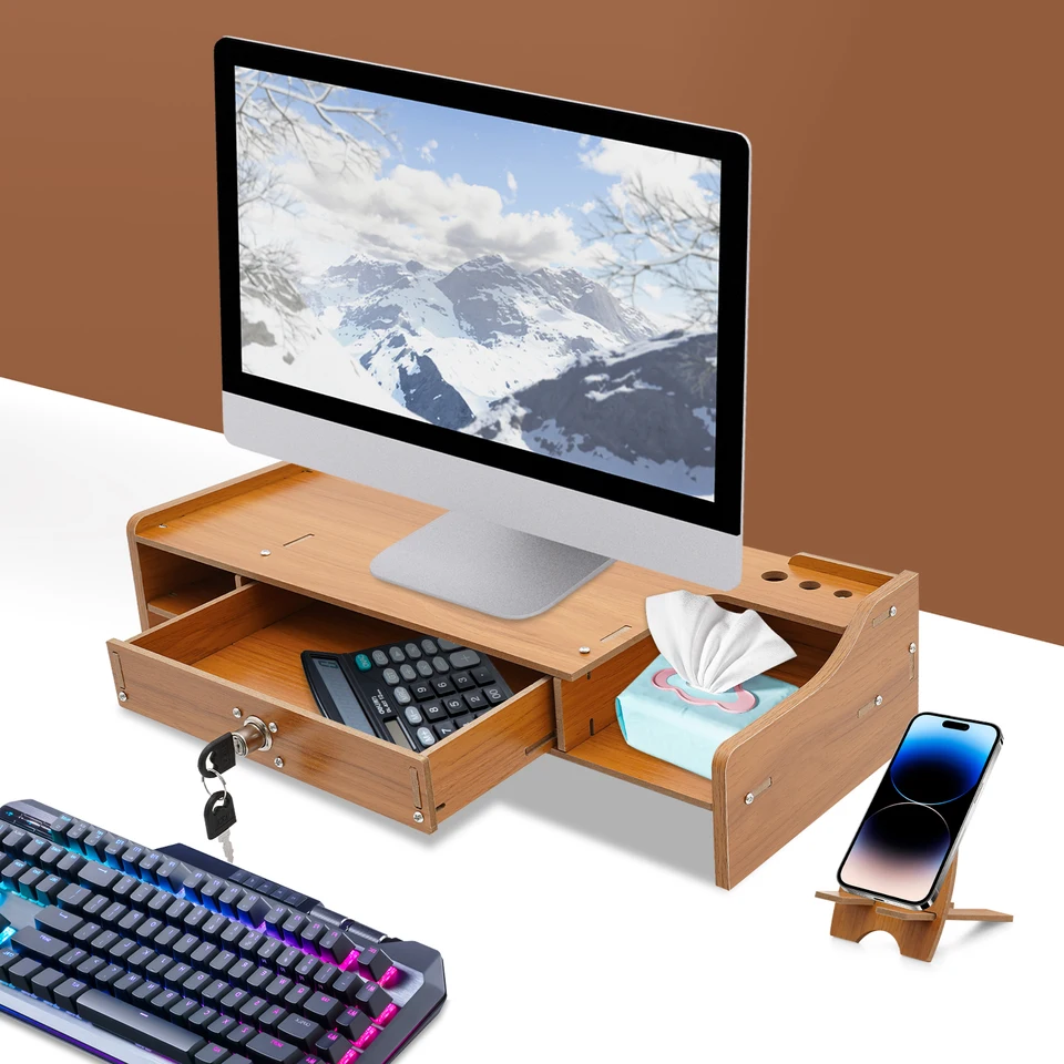 Wooden Computer Monitor Stand with Lockable Drawer