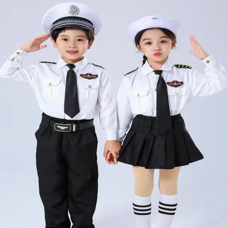 

Aircraft Pilot Uniforms Kids Flight Attendent Cosplay Costumes For Children Halloween Party Performance Profession Class Wear