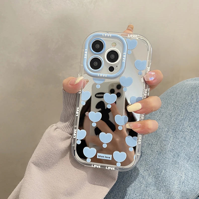 Korean Blue Love Heart Makeup Mirror Phone Case for iPhone