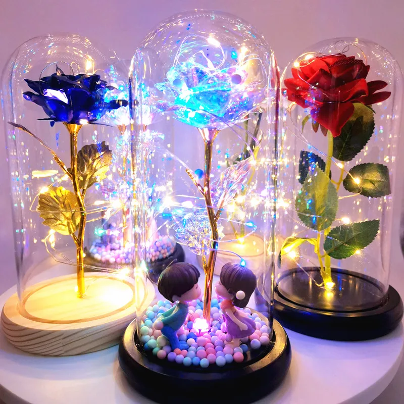 Eternal Rose LED Light Foil Flower In Glass Cover Night Lights Valentines Day Gifts Lamp Decor for For Home Bedroom Wedding Gift