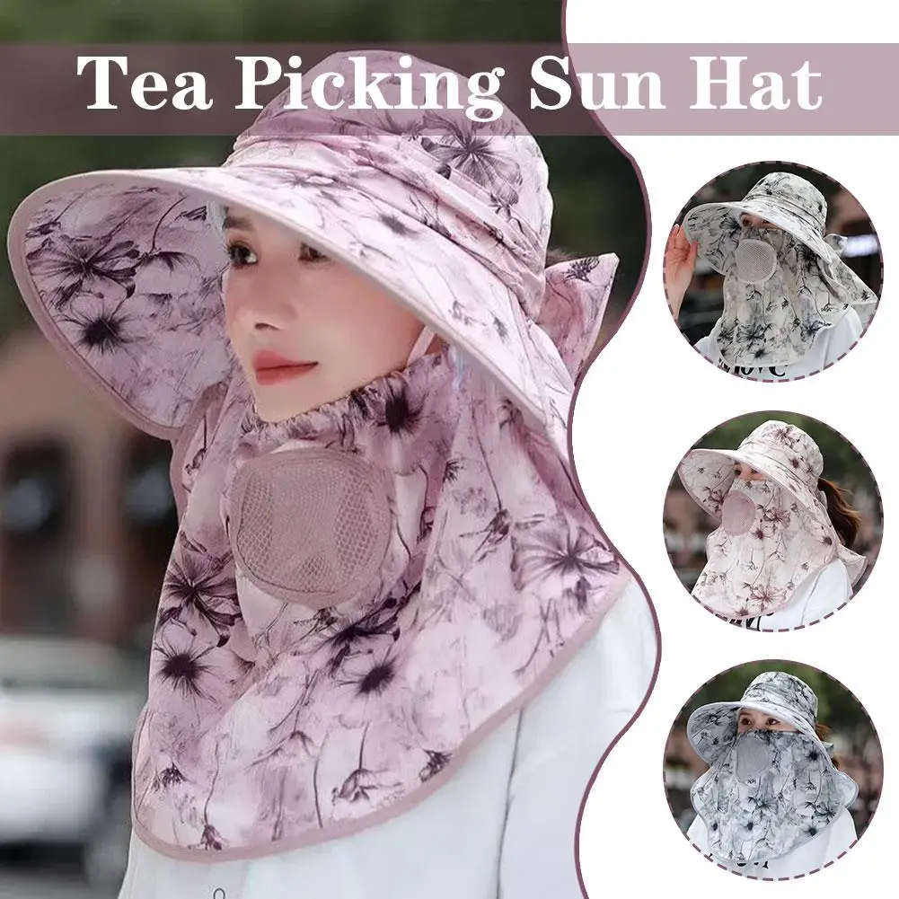 Summer Women Wide Brim Garden Work Shade Hat Face Mask Detachable Sunhat Outdoor Print Breathable Fisherman Hat UV Protection ﻿
