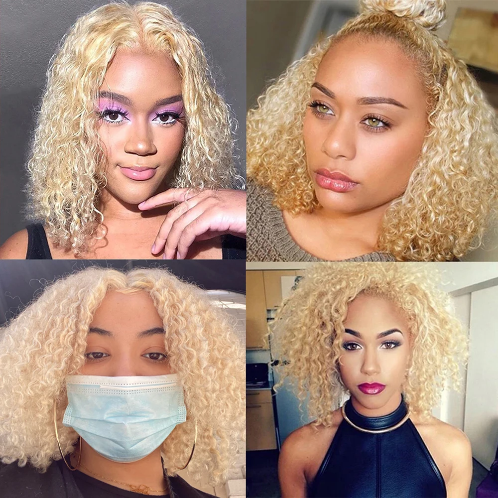 613 Honey Blonde 13x6 HD Lace Frontal Wig Human Hair Curly 10inch Deep Wave Brazilian bob Colored 13x4 Lace Front Wigs For Women 4