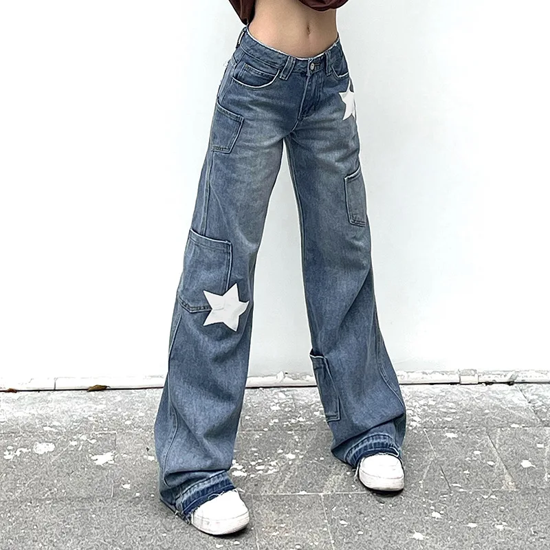 

Vintage Casual Women Star Jeans Female Denim Pants Fashion Low Waist Straight Trousers Ladies Wide Leg Baggy Pants
