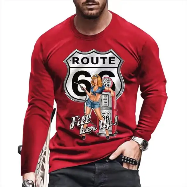Autumn US66 Printed T-Shirt 3d Vintage Cotton Round Neck Street Pullover New 2022 Fashion Men'S Loose Long Sleeve T-Shirt 5xl 6