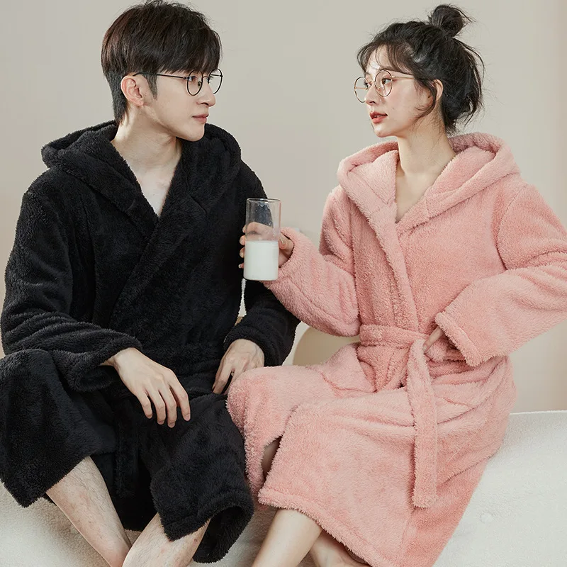 Sleepwear Nightgown Men Women Couple Pajamas Warm Flannel Robes Coral Fleece Long Sleeve Fleece Sleepwear Belt Cardigan Hooded