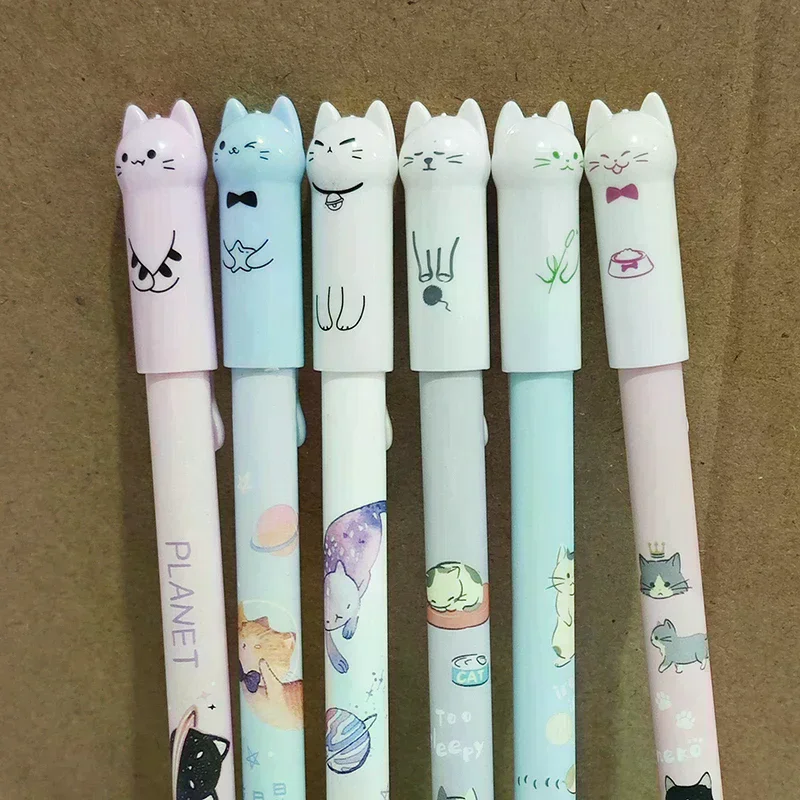 6Pcs 학생 교사 선물 0.5mm 귀여운 고양이 꼬리 지울 수있는 젤 펜 세트 블루 매직 리필 학교 사무실 카와이 쓰기 문구