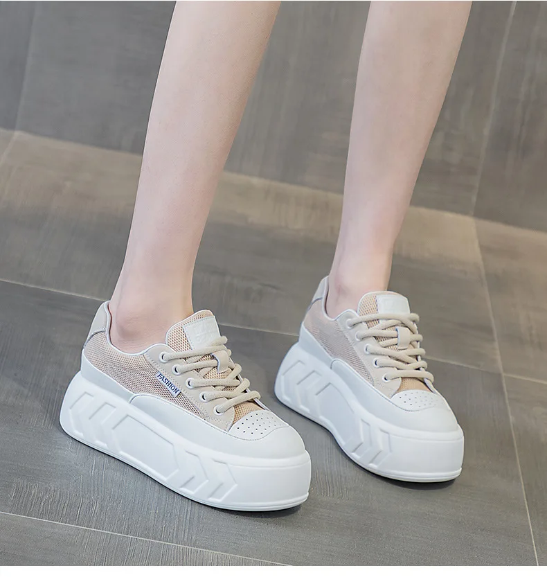 8cm Air Leather Chunky Sneakers with Thick-Soled Platform - true deals club