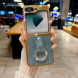 Elegant Leather Plating Case with Bling Diamond and Ring Holder - Shockproof Cover for Samsung Z Flip 4 (SB Blue)