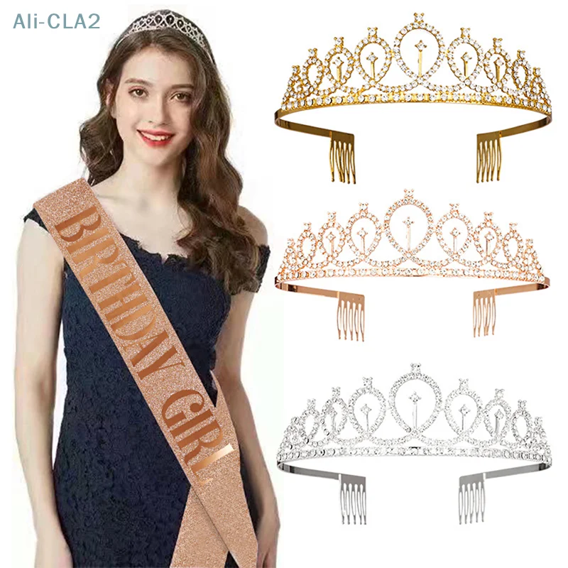 

1 PC Bling Rhinestone Crystal Crown Tiara Birthday Anniversary Decoration Happy Women 21 30th Birthday Satin Sash Party Supplies