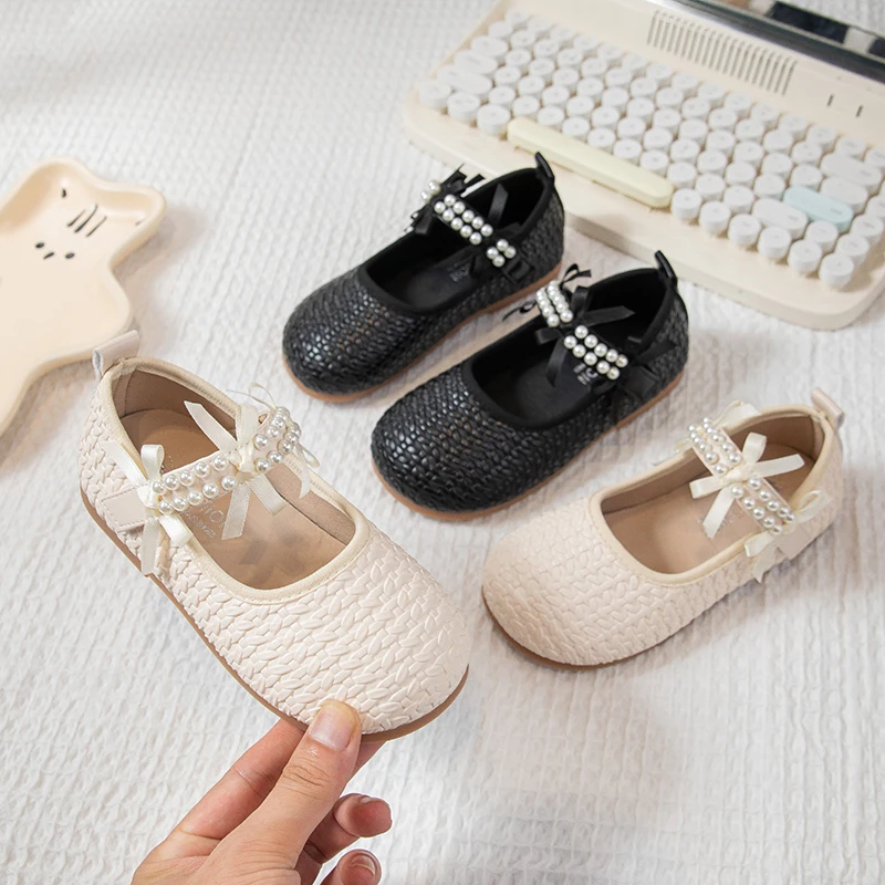 Girls Woven Princess Shoes Elegant Beading Fashion Children Performance Shoes Sweet Kids Leather Shoes for Party Wedding