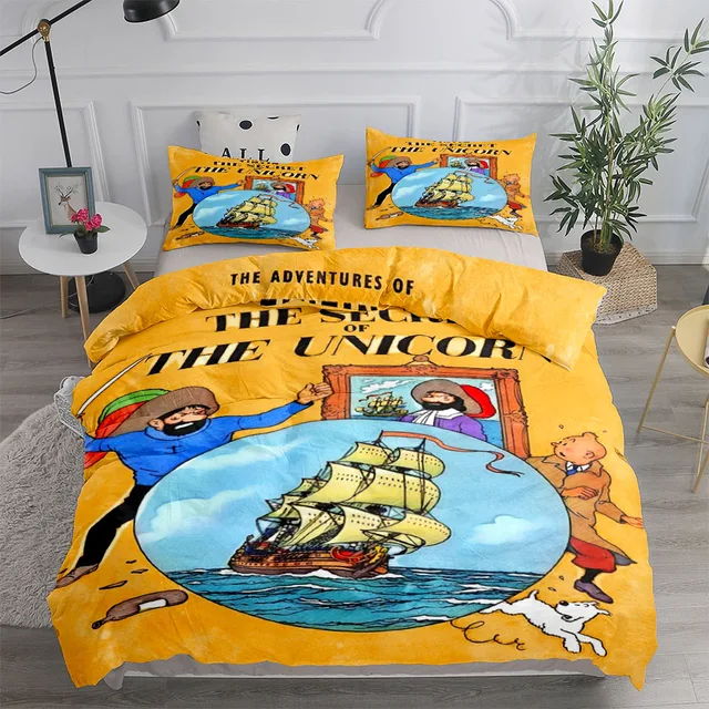 Tintin Adventure Tales Ensemble de housse de couette pour enfants King Queen Double Lit simple Ensemble de linge de lit 1