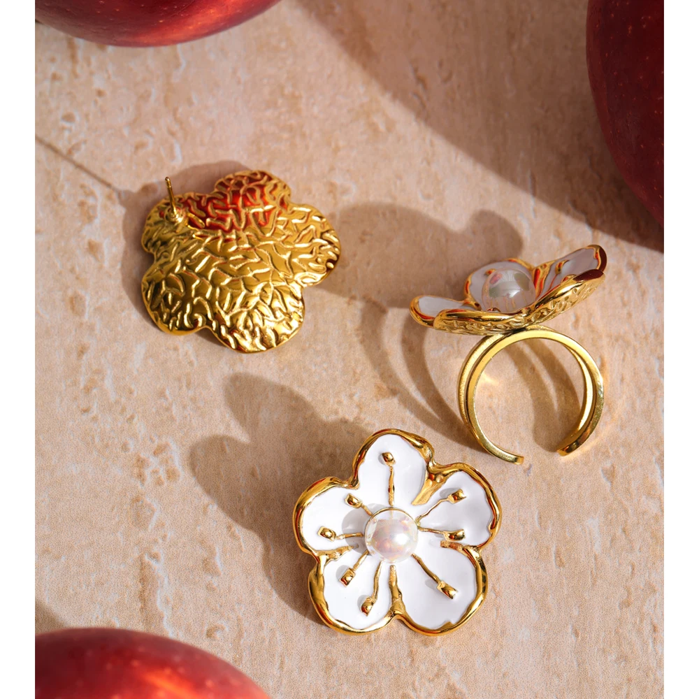 Yhpup Earrings Ring Set White Enamel Pearl Korean Flower