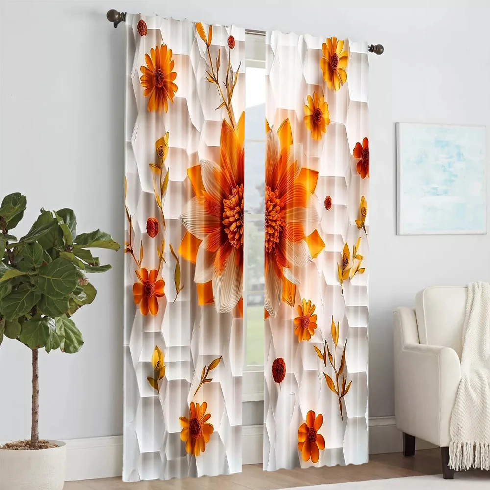 2Pcs Glam Style Curtain Panels Orange Red Floral Print With Hexagon Background Machine Washable Polyester Decorative Drapes_ai2 2