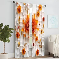2Pcs Glam Style Curtain Panels Orange Red Floral Print With Hexagon Background Machine Washable Polyester Decorative Drapes_ai2 2