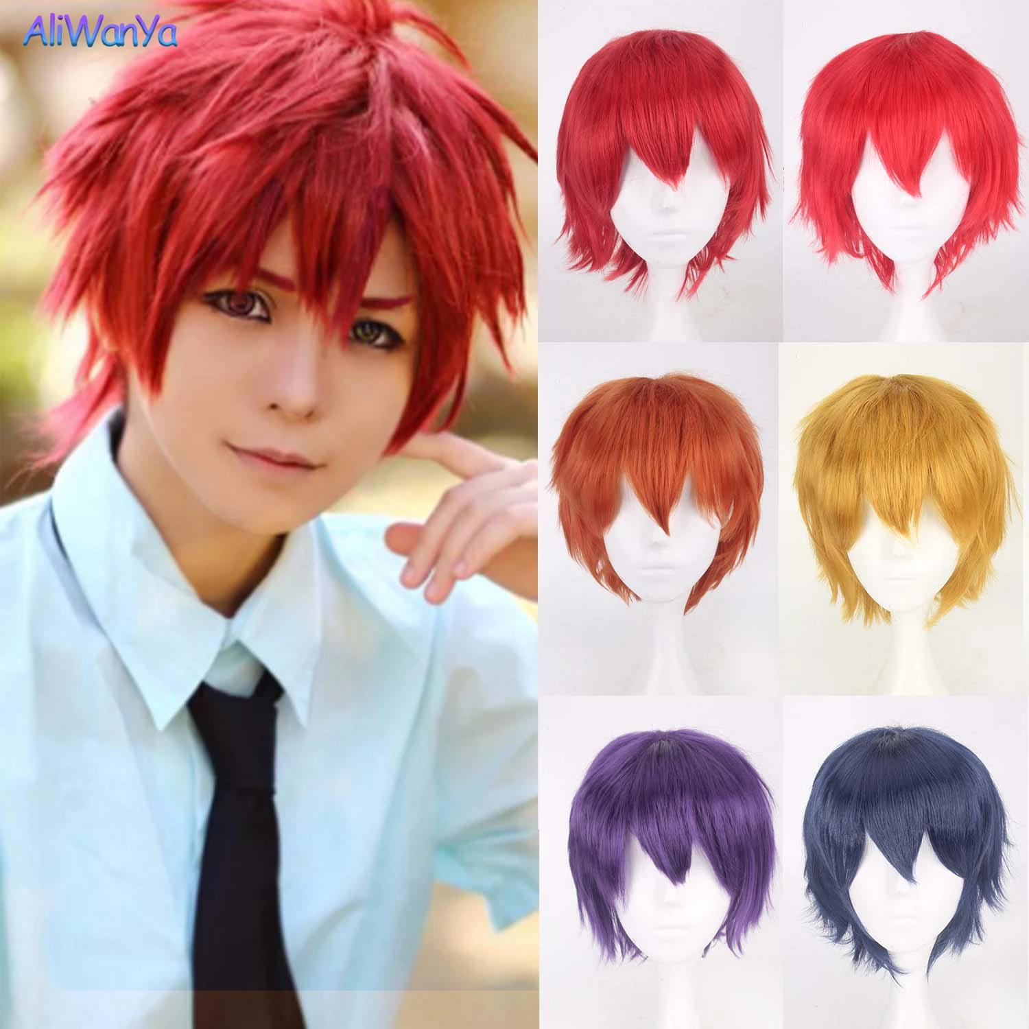 Wig Cosplay Pendek 30CM Rambut Palsu Sintetis Wig Kostum Lurus untuk