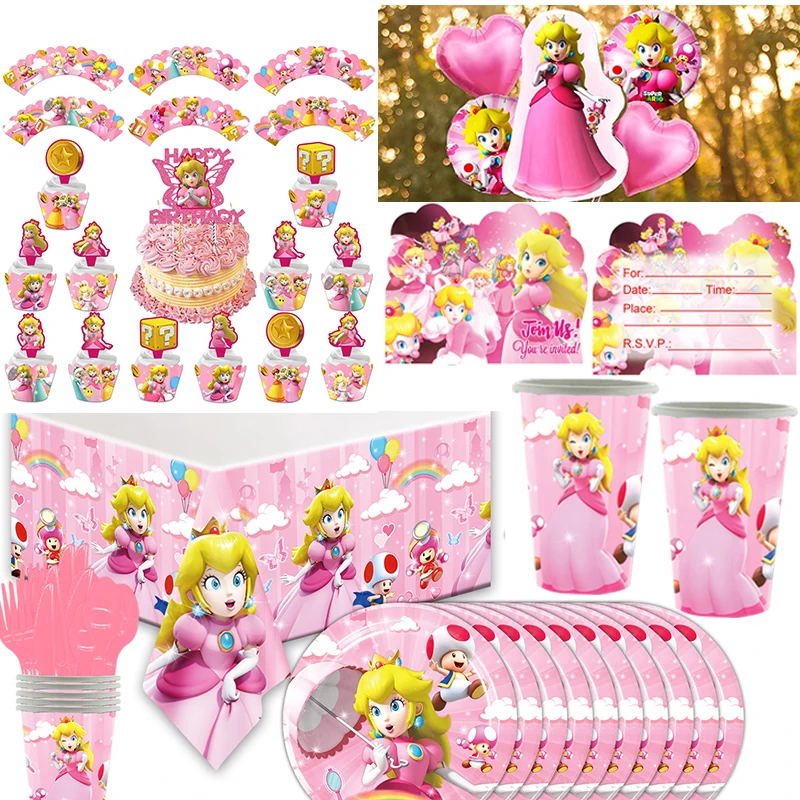 Princess Peach Party Decoration Invite Card Cake Decor Balloon Paper Cup Plates Kids Girls Birthday Party Supplies Baby Shower