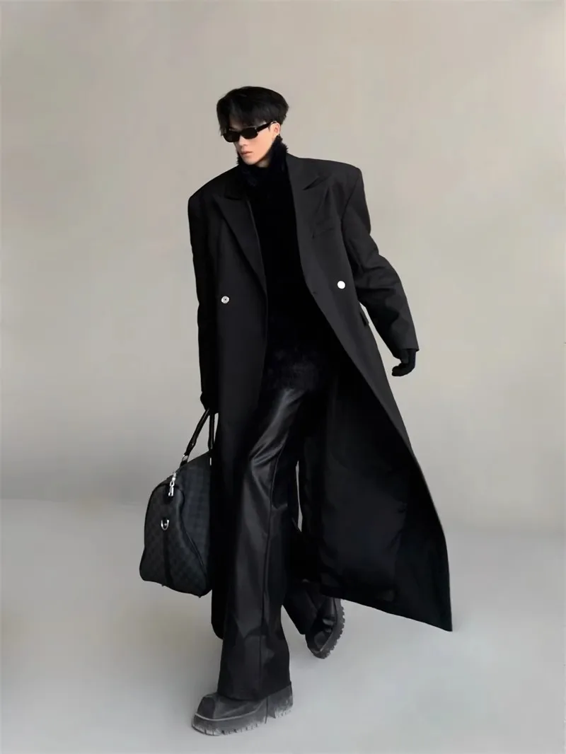 Mauroicardi Spring Autumn Extra Long Black Flowy Trench Coat Men