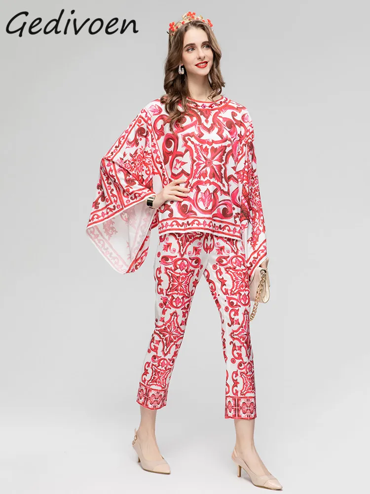 

Gedivoen Summer Fashion Designer Vintage Print Pants Set Women O-Neck Diamond Loose Top+Elastic Waist Pencil Pants 2 Pieces Set