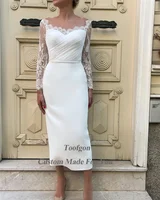 Toofgon Sheath Matte Satin Wedding Gowns Lace Long Sleeves Bride Dresses Pleated Customized Midi Formal Prom Party Bride Dress 2