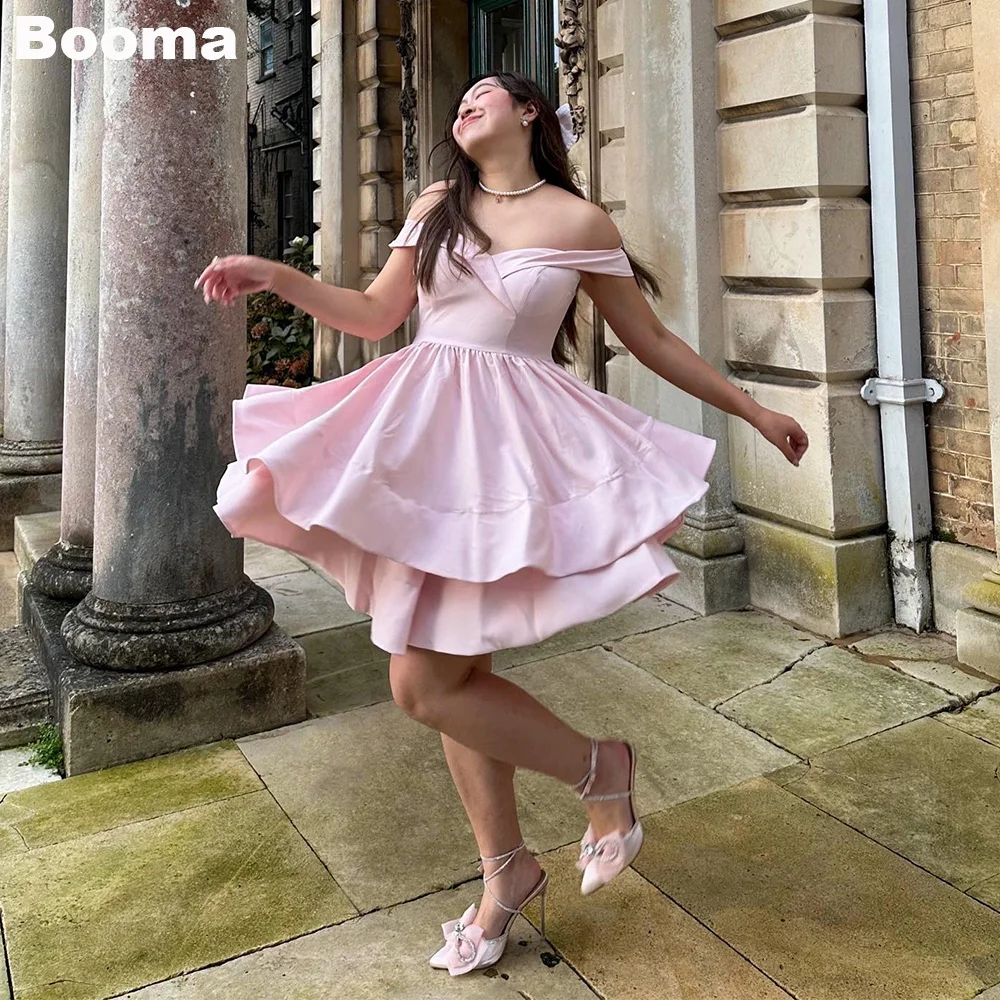

Booma, розовое, короткое платье трапециевидной формы для выпускного вечера, многоуровневое пятно с открытыми плечами, платье для дня рождения для девочек, платья для особых случаев