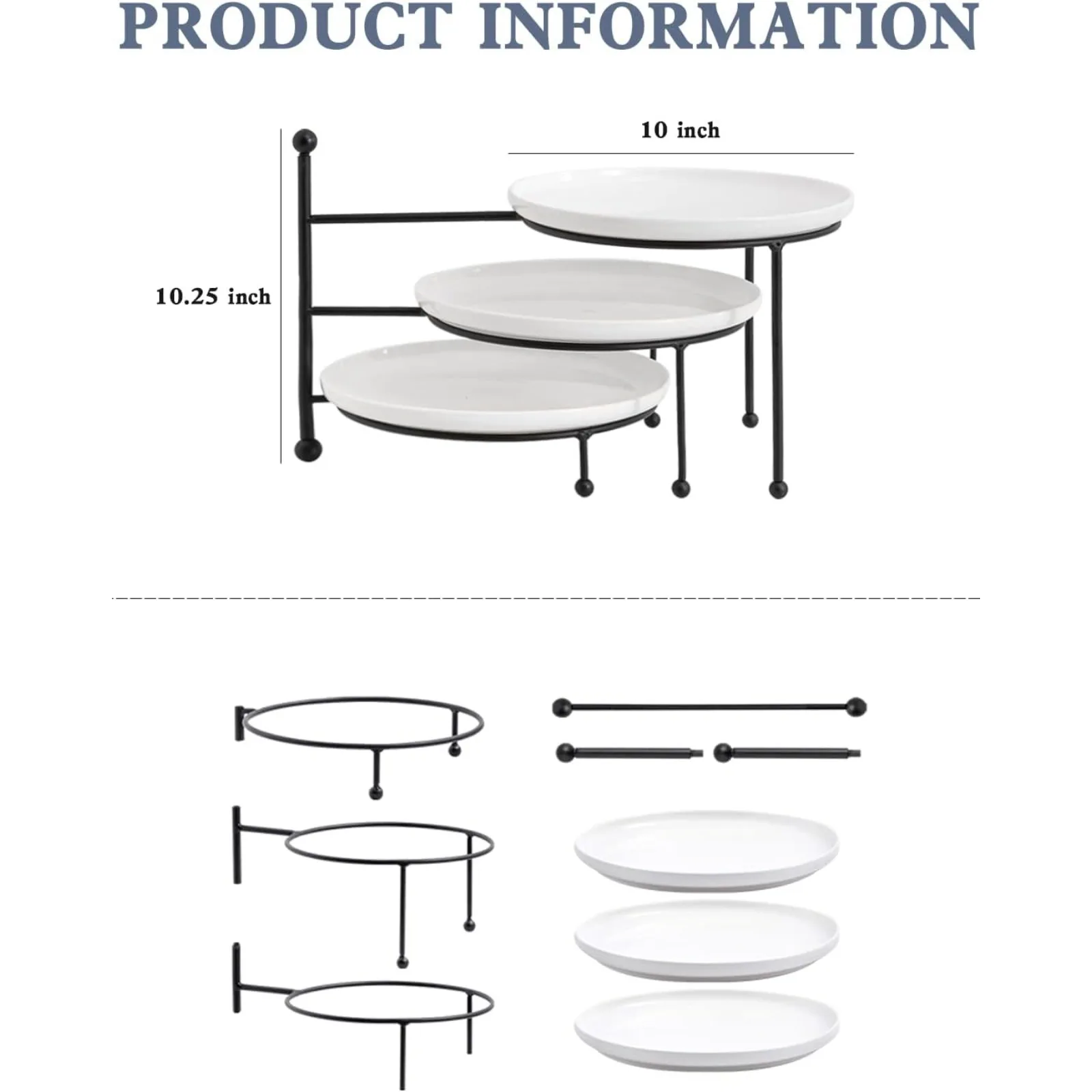 US 3 Tiered Serving Stand with White Porcelain Plates, Tiered Tray Stand, 10" x 10" Tier Serving Trays with Black Metal