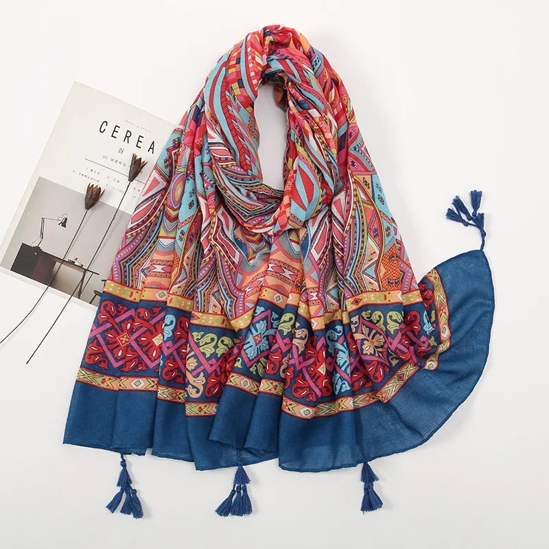 

Elegant Ethnic Style Printed Tassels Cotton and Linen Scarves Shawls Bohemian Travel Accessories Scarves Scarves for Women YC17