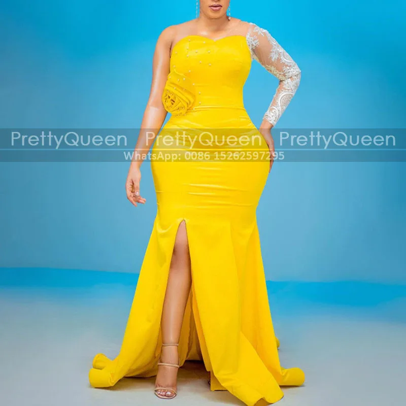 

Plus Size Women Mermaid Prom Dresses Sheer Lace Single Long Sleeves Side Split Gold Yellow Trumpet Formal Evening Dress Party