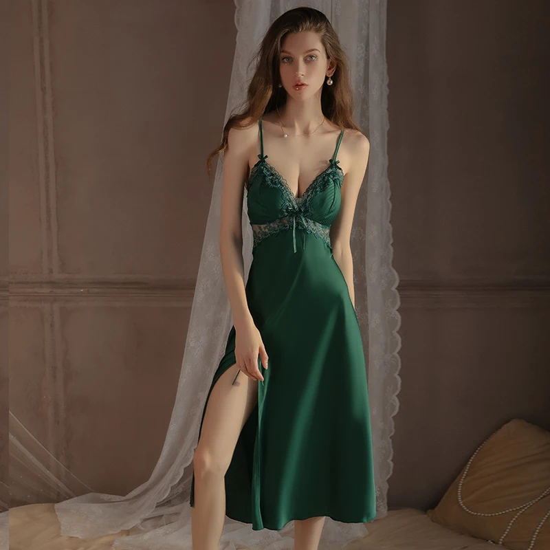 REBEYULI Brand Summer Ladies Sexy Sleepshirt Emerald with Chest Pads V-neck Split Suspender Long Sling Nightgown Women