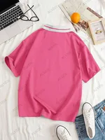 Summer Autumn Forward Print Graphic Contrast Color Loose Polo Shirt Short Sleeve Lapel T-shirt Women's Oversized Unisex Tops - Image 5