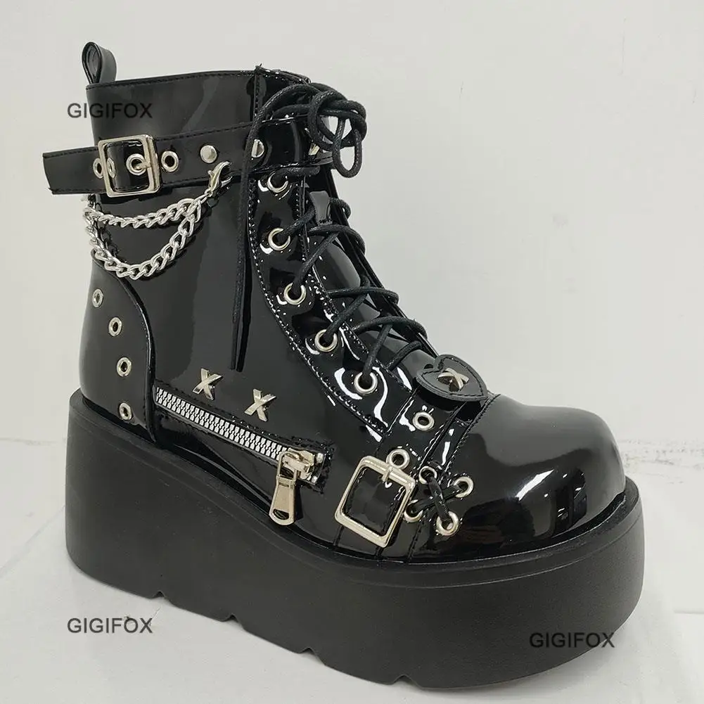 GIGIFOX Platform High Wedges Gothic Style Women Mid Calf Boots