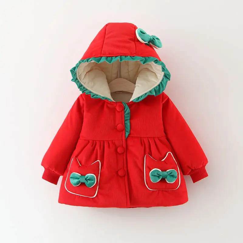 0 To 4 Y Kids Costume Baby Winter Coat Solid Color Bow Cotton Clothes Warm Windproof Hooded Toddler Children Jacket For Girls