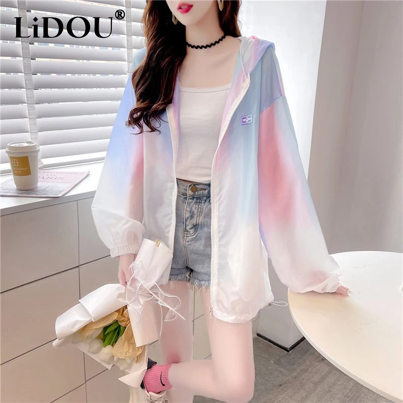 

Spring Summer New Rainbow Gradient Hoodies Women Fashion Thin Style Zip Fastener Sunscreen Clothing Ladies High Street Cardigan
