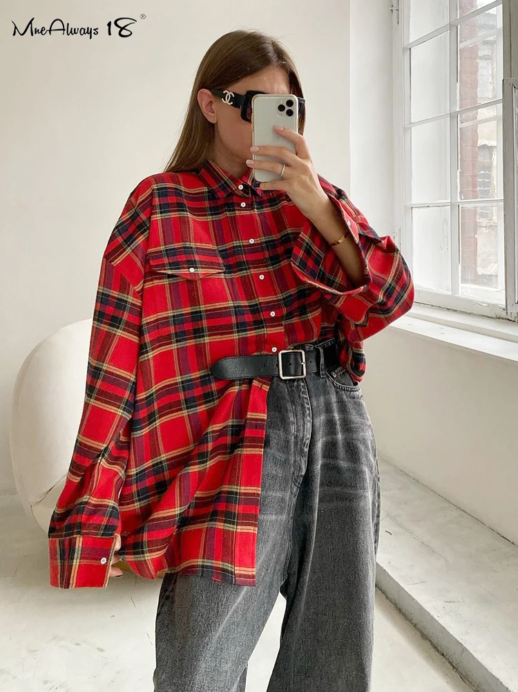 Mnealways18 Bright Gingham Oversized Shirts For Women Street Style Casual Shacket Blouses And Tops Single-Breasted Spring 2024