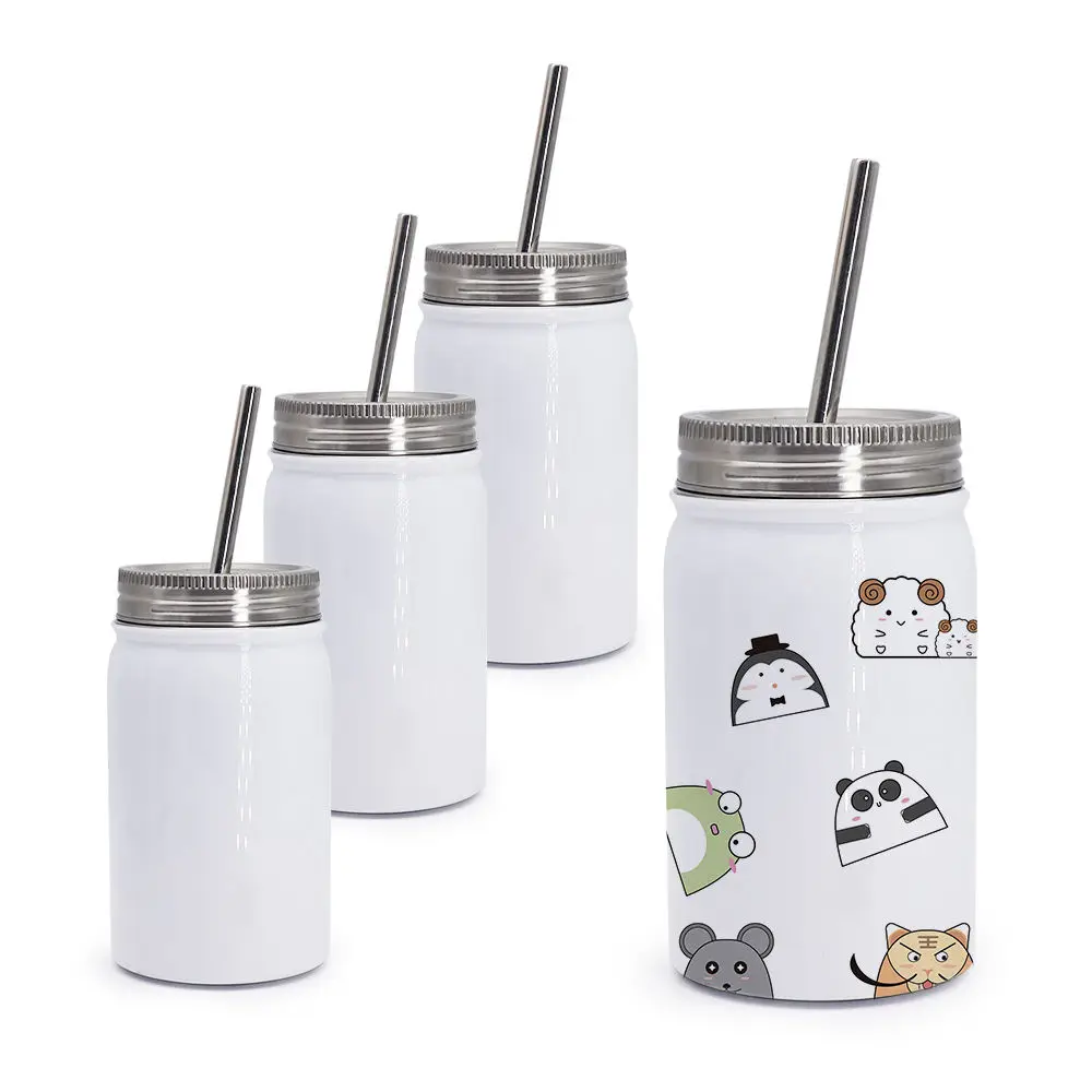 승화 스테인레스 스틸 이중 벽 진공 와이드 마우스 메이슨 항아리 텀블러, 금속 빨대 포함, 500ml, 17oz