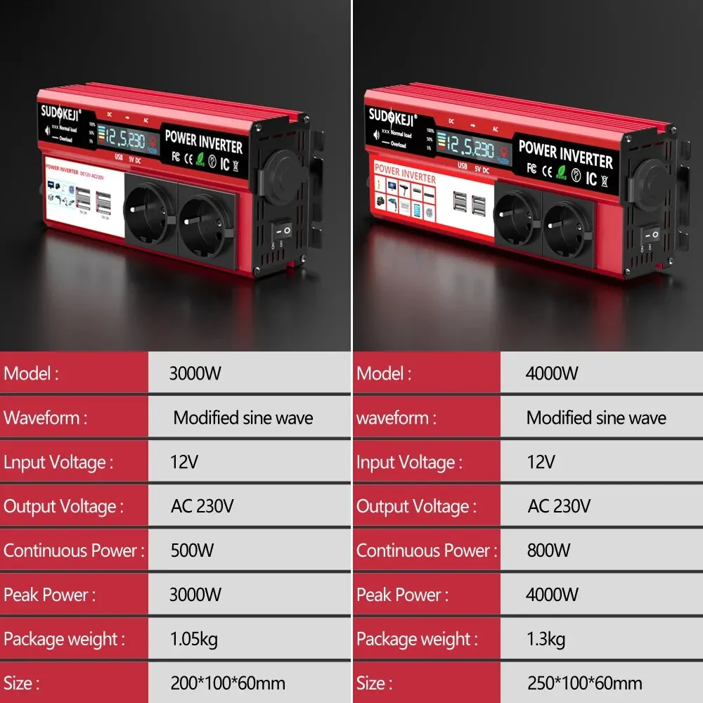 4000W 3000W energie střídače stejnosměrný 12V na střídavého 220V 230V transformátor s 4 USB EU nástrčkový nabít s LED displej pro RV telefon auto