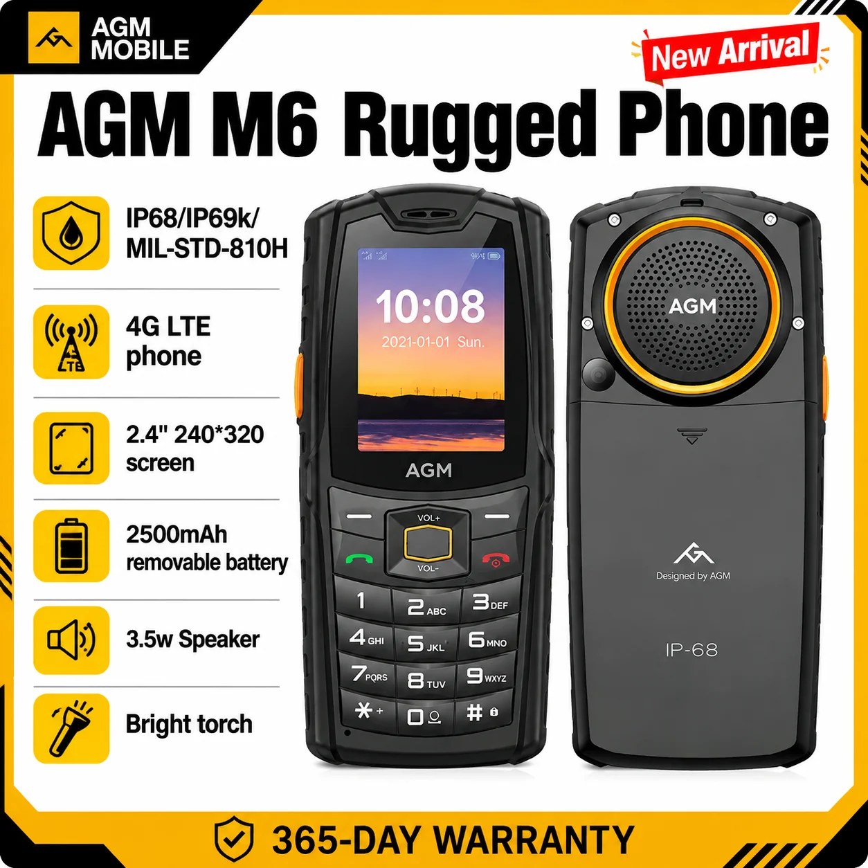 هاتف AGM M6 المتين مع مكبر صوت عالي 103 ديسيبل، شاشة 2.4 بوصة، 4G، شريحتي اتصال، بطارية 2500 مللي أمبير، بلوتوث 5.1، راديو FM، مقاوم للماء والغبار IP68/IP69K، هاتف مميز لكبار السن.